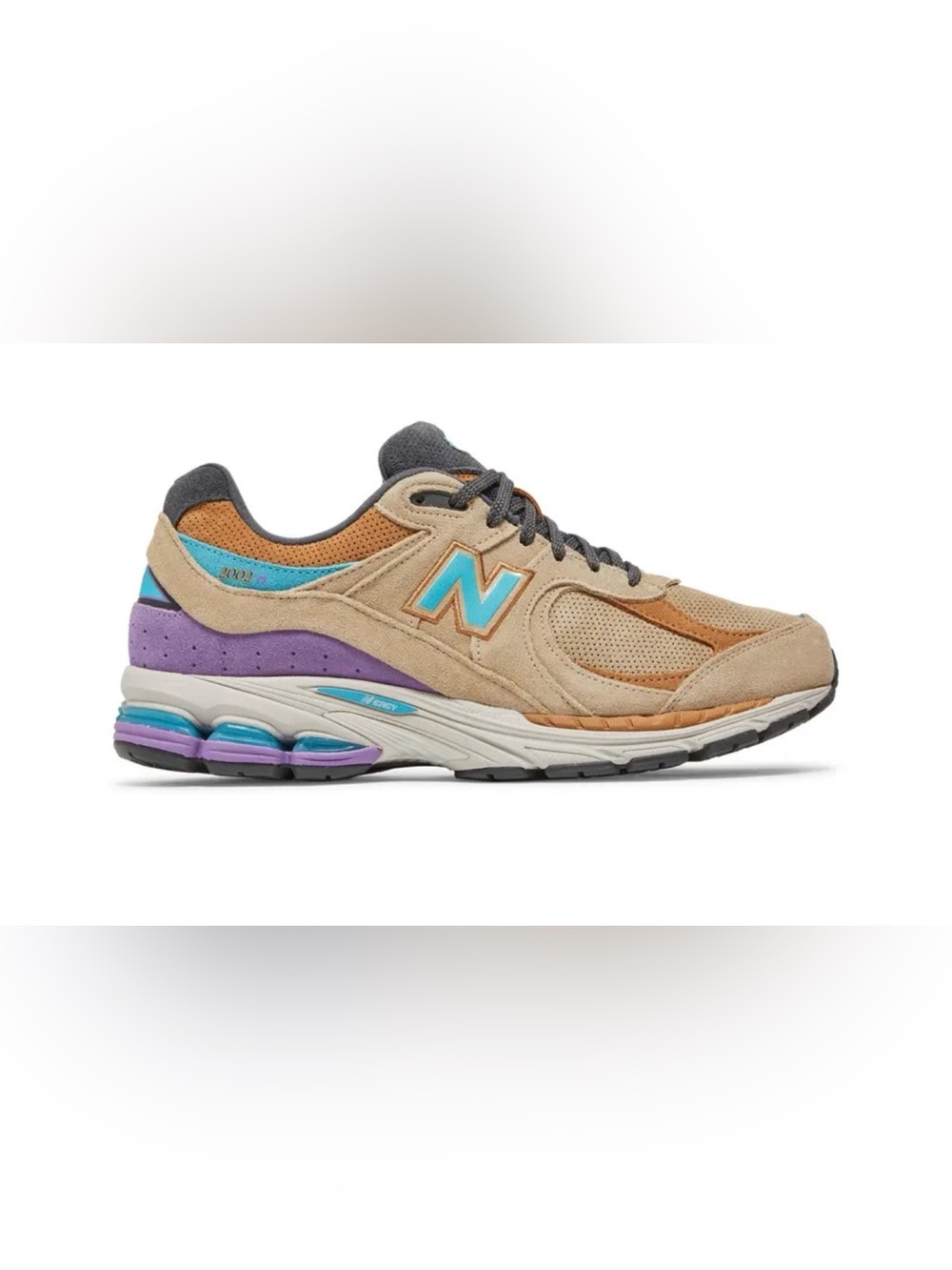 New Balance Beige Suede Sneaker with Teal & Purple Accents